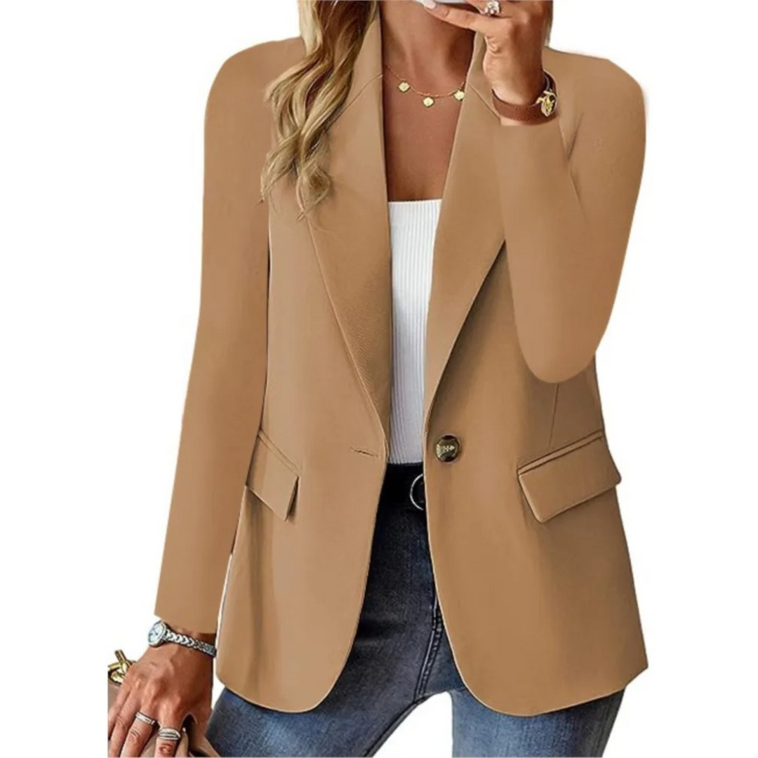 "Eleganter Damenblazer mit langen Ärmeln, vielseitiges Design in Blau, Seitenansicht, ideal für Büro und Abendessen."