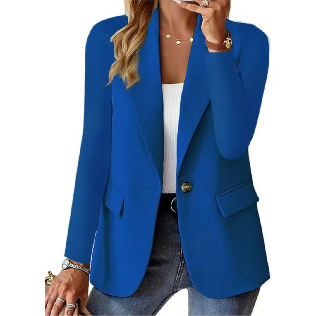 "Eleganter Damenblazer mit langen Ärmeln, vielseitiges Design in Blau, Seitenansicht, ideal für Büro und Abendessen."