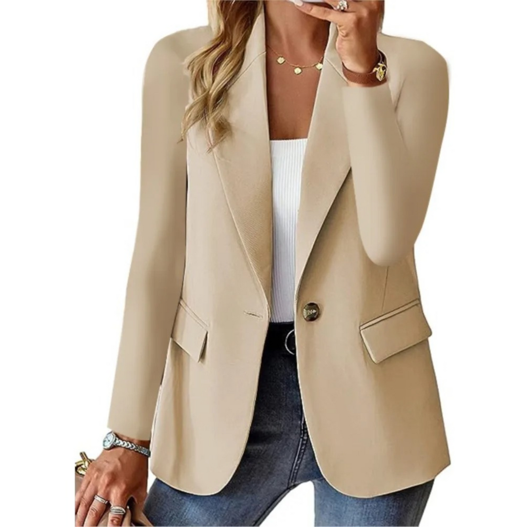 "Eleganter Damenblazer mit langen Ärmeln, vielseitiges Design in Blau, Seitenansicht, ideal für Büro und Abendessen."