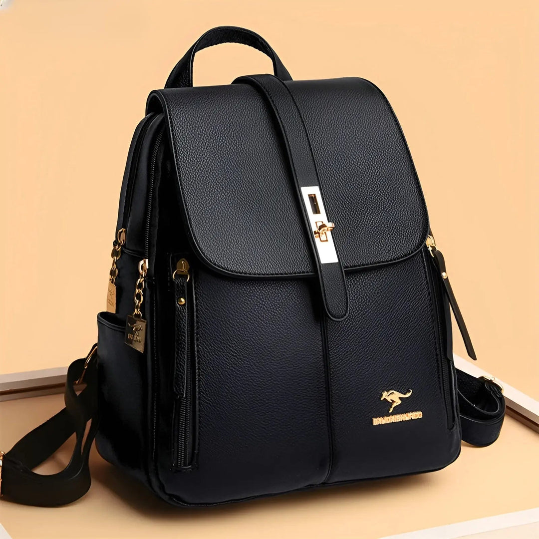 Eleganter Damenrucksack aus wasserabweisendem Leder, mit mehreren Fächern, in Burgunderrot, Dunkelblau, Schwarz, Weiß.