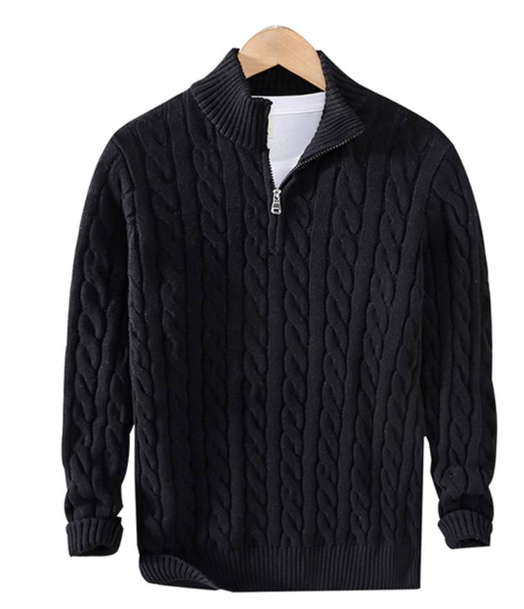 "Eleganter Herren-Kabelstrickpullover in Grau mit Halbreißverschluss, bietet Wärme und klassischen Stil für kalte Tage."