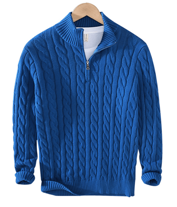 "Eleganter Herren-Kabelstrickpullover in Grau mit Halbreißverschluss, bietet Wärme und klassischen Stil für kalte Tage."