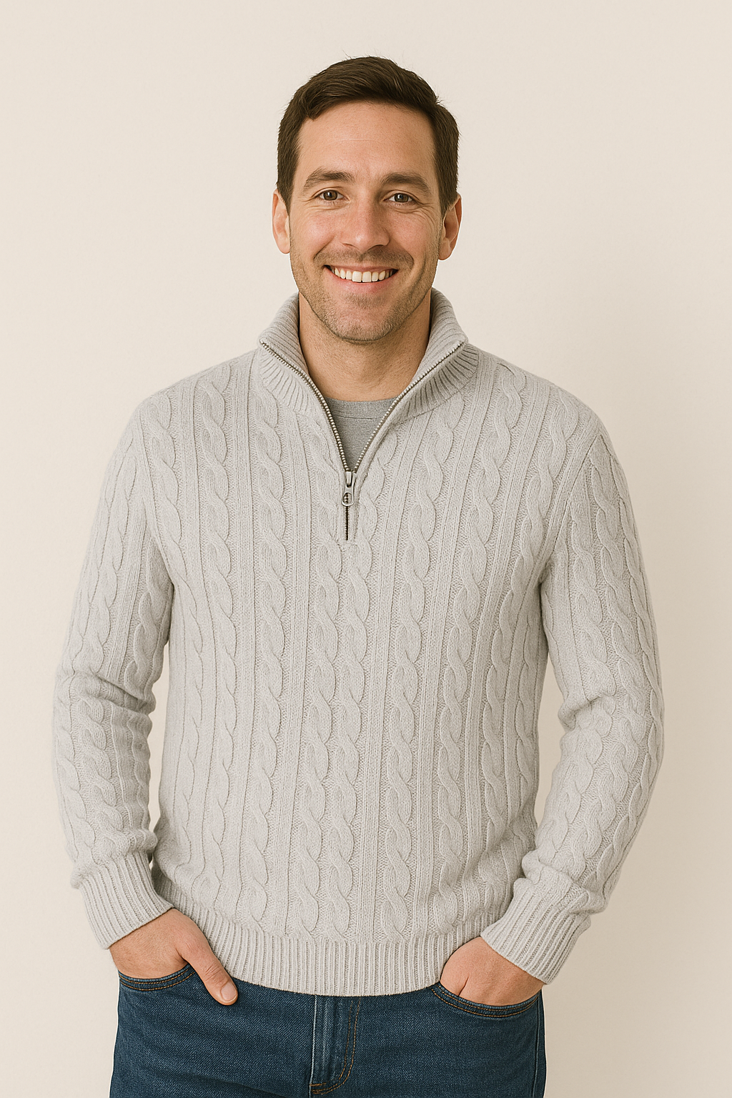 "Eleganter Herren-Kabelstrickpullover in Grau mit Halbreißverschluss, bietet Wärme und klassischen Stil für kalte Tage."