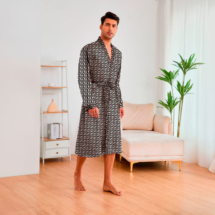 "Eleganter Herren Kimono mit modernem geometrischem Muster und Gürtel, ideal für Komfort und Stil zu Hause oder im Spa"