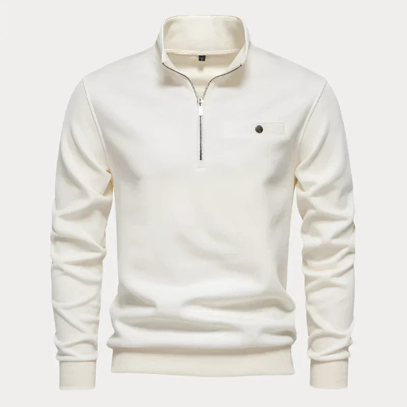 Eleganter Herren Stehkragenpullover, grau, mit hoher Kragen für stilvollen Komfort. Perfekt für kühle, lässige Anlässe.
