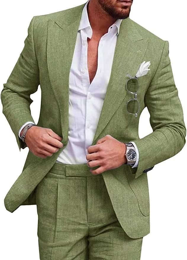Eleganter Herrenanzug aus Leinen, 2-teilig, beige, ideal für Hochzeiten und Sommerfeiern, modern und stilvoll geschnitten.