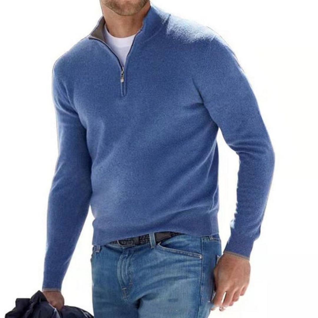 "Eleganter Herrenpullover mit Merino V-Ausschnitt und Reißverschluss; klassische Form, atmungsaktive Synthetik-Wolle."
