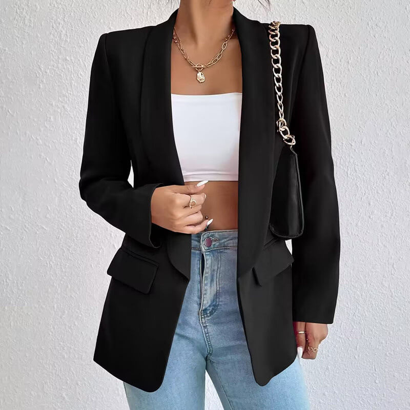 Eleganter Langarm Damenblazer in Schwarz, tailliertes Design, ideal für Büro und festliche Anlässe, raffinierte Eleganz.