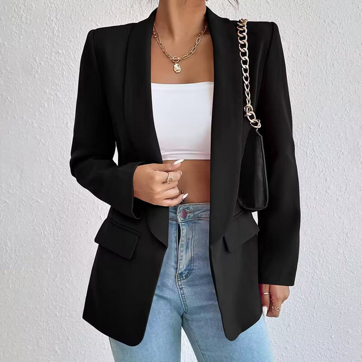 Eleganter Langarm Damenblazer in Schwarz, tailliertes Design, ideal für Büro und festliche Anlässe, raffinierte Eleganz.