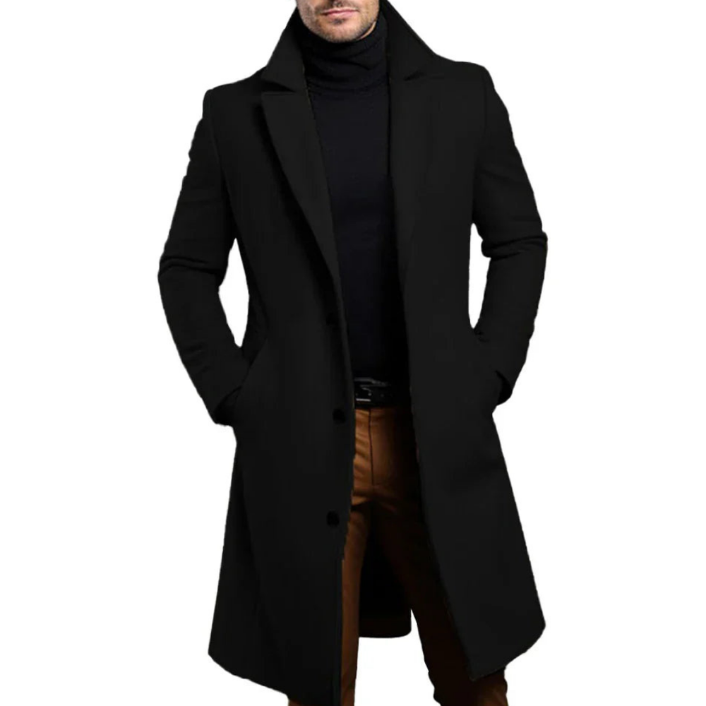 "Eleganter langer Herren Trenchcoat, dunkelgrau, ideal für Winter, mit klassischem Schnitt und wärmeisolierendem Futter."