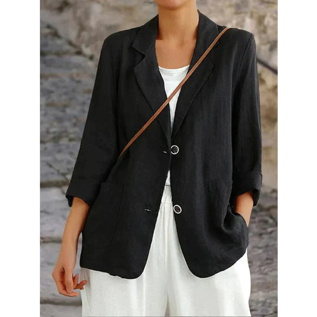 Eleganter Leinenblazer für Damen, helles Beige, klassische Passform, ideal für Sommermode, stilvoll und vielseitig kombinierb