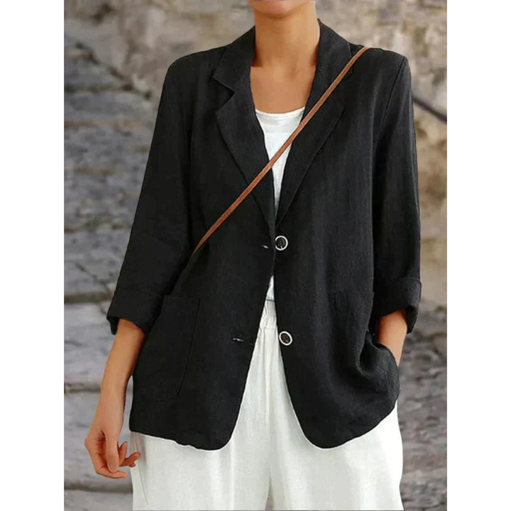 "Eleganter Leinenblazer für Damen, minimalistische Form, zeitloses Design, vielseitig kombinierbar, hochwertiges Material."