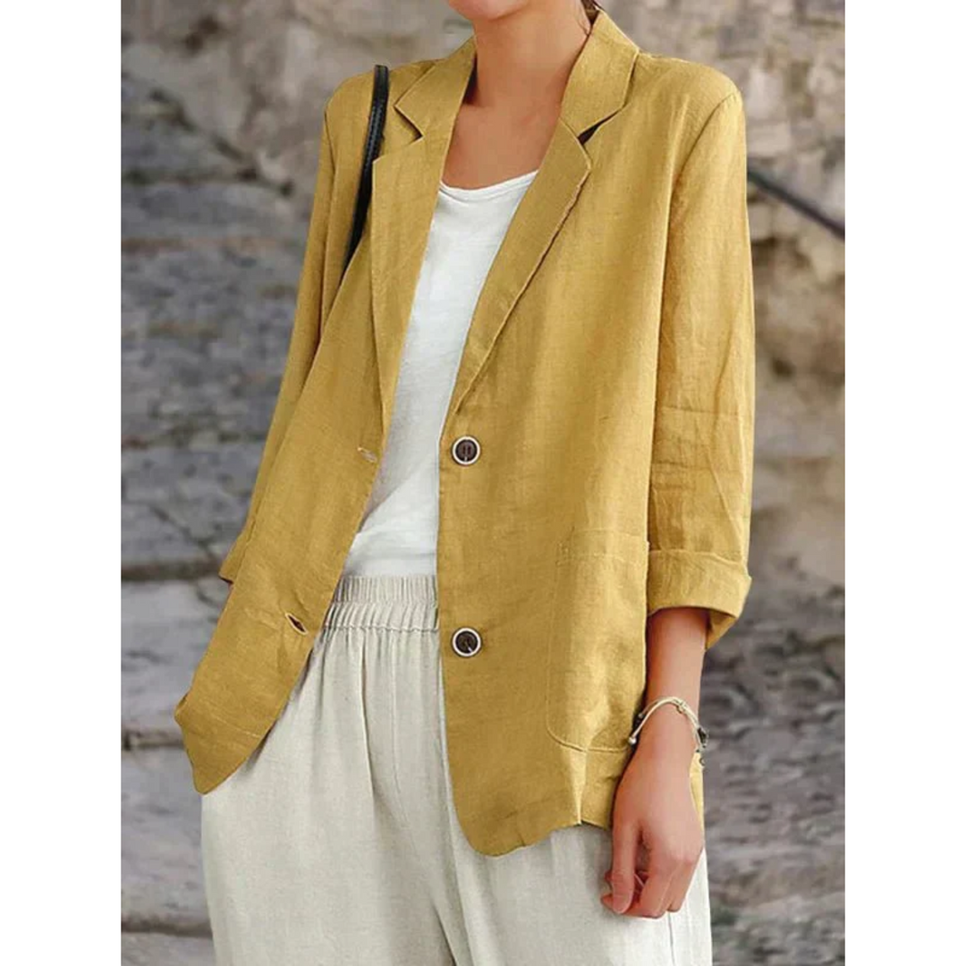 "Eleganter Leinenblazer für Damen, minimalistische Form, zeitloses Design, vielseitig kombinierbar, hochwertiges Material."