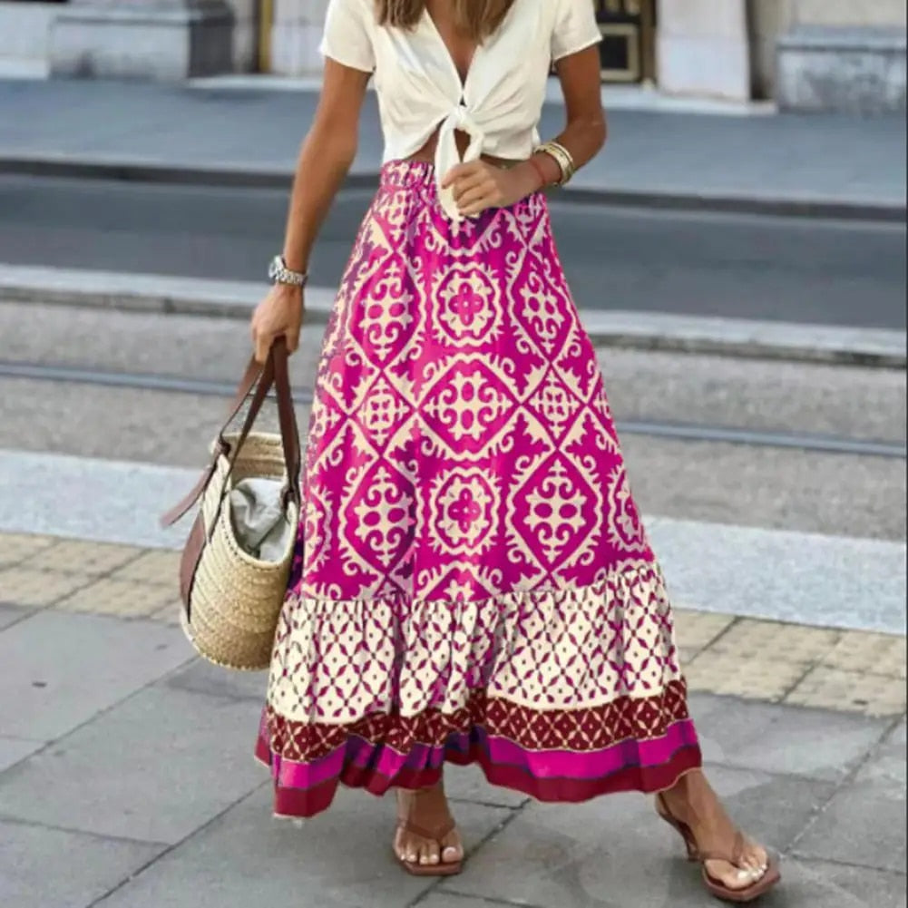 "Eleganter Maxi-Sommerrock für Damen, hohe Taille, fließendes Design, lebendige Farben, betont die Silhouette."