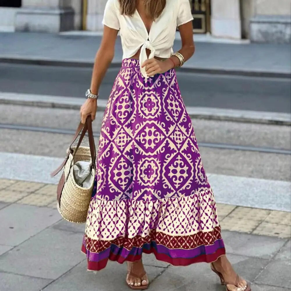 "Eleganter Maxi-Sommerrock für Damen, hohe Taille, fließendes Design, lebendige Farben, betont die Silhouette."