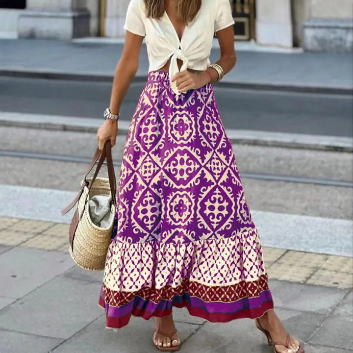 "Eleganter Maxi-Sommerrock für Damen, hohe Taille, fließendes Design, lebendige Farben, betont die Silhouette."