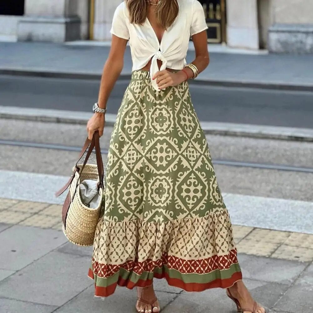 "Eleganter Maxi-Sommerrock für Damen, hohe Taille, fließendes Design, lebendige Farben, betont die Silhouette."