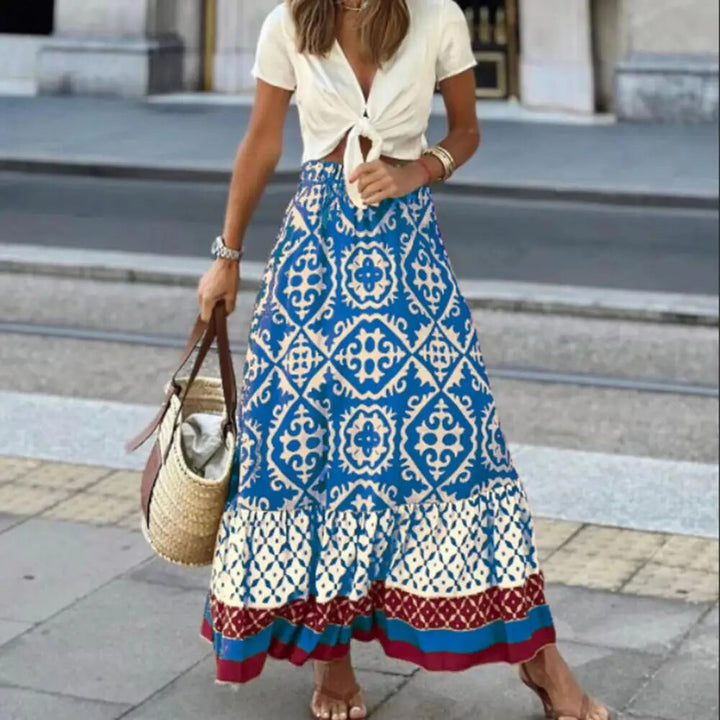 "Eleganter Maxi-Sommerrock für Damen, hohe Taille, fließendes Design, lebendige Farben, betont die Silhouette."