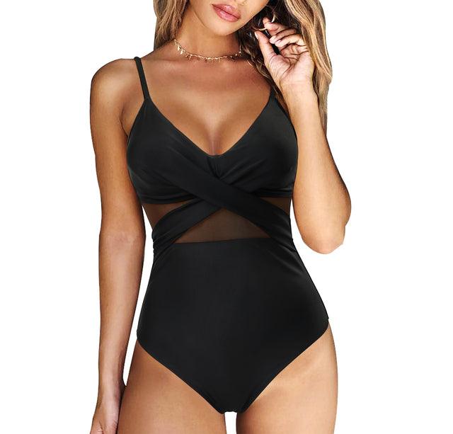Eleganter Push-up-Badeanzug für Damen in Schwarz mit schmeichelhafter Passform, ideal für stilvolle Strandtage.