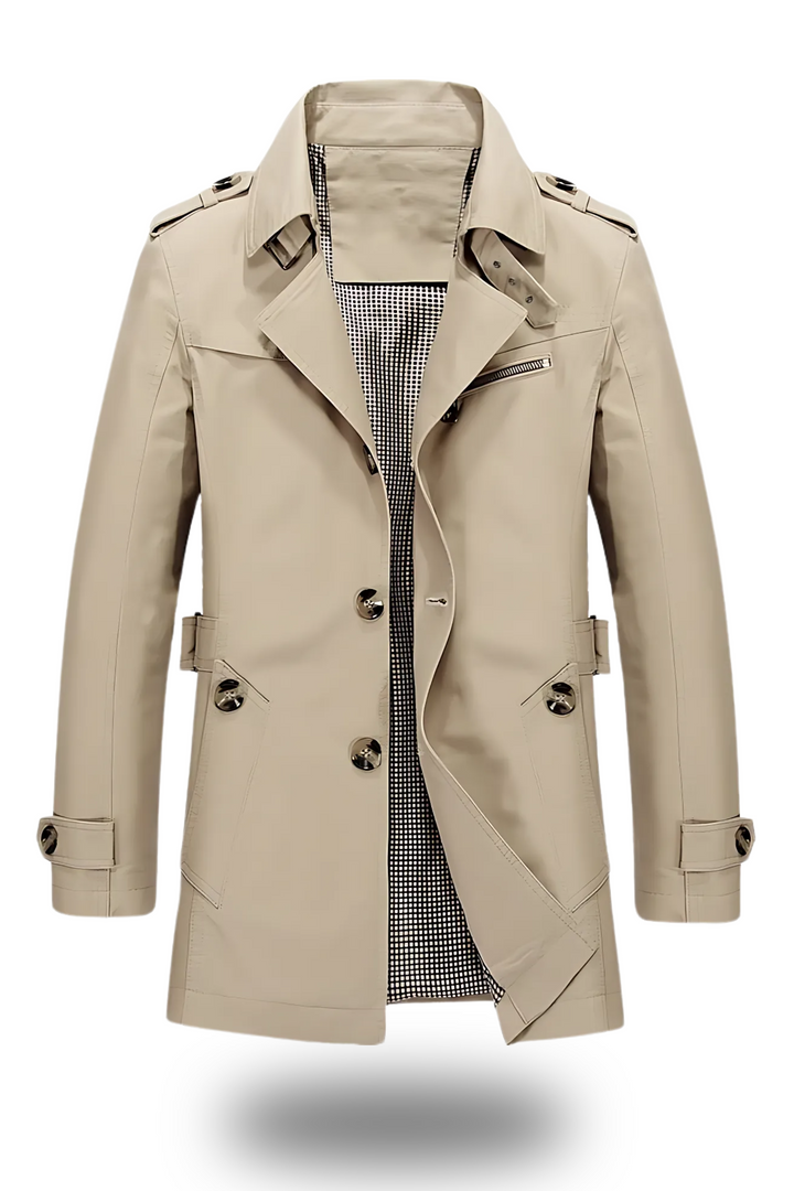 Eleganter, schlanker Herren-Trenchcoat mit umgelegtem Kragen, ideal für kalte Tage; Helm Anthrazit, zeitloses Design