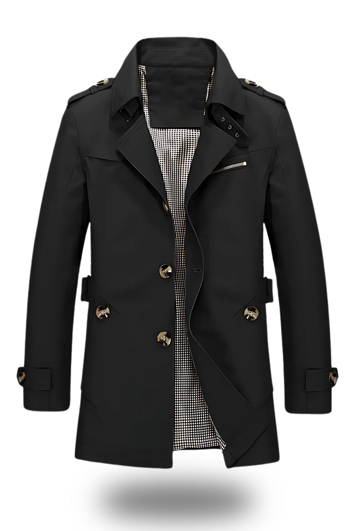 Eleganter, schlanker Herren-Trenchcoat mit umgelegtem Kragen, ideal für kalte Tage; Helm Anthrazit, zeitloses Design