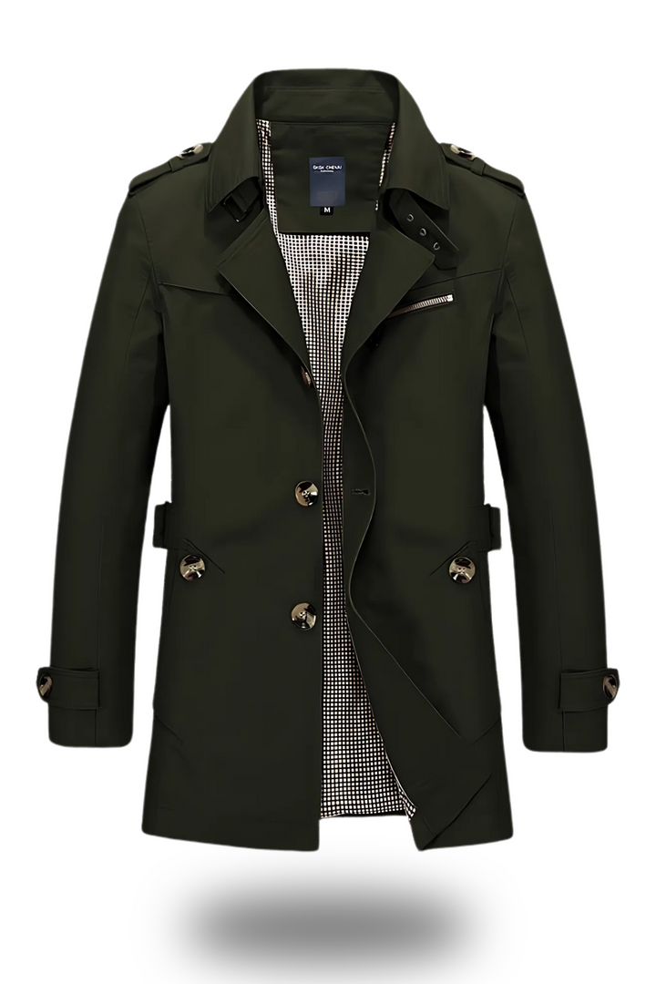 Eleganter, schlanker Herren-Trenchcoat mit umgelegtem Kragen, ideal für kalte Tage; Helm Anthrazit, zeitloses Design