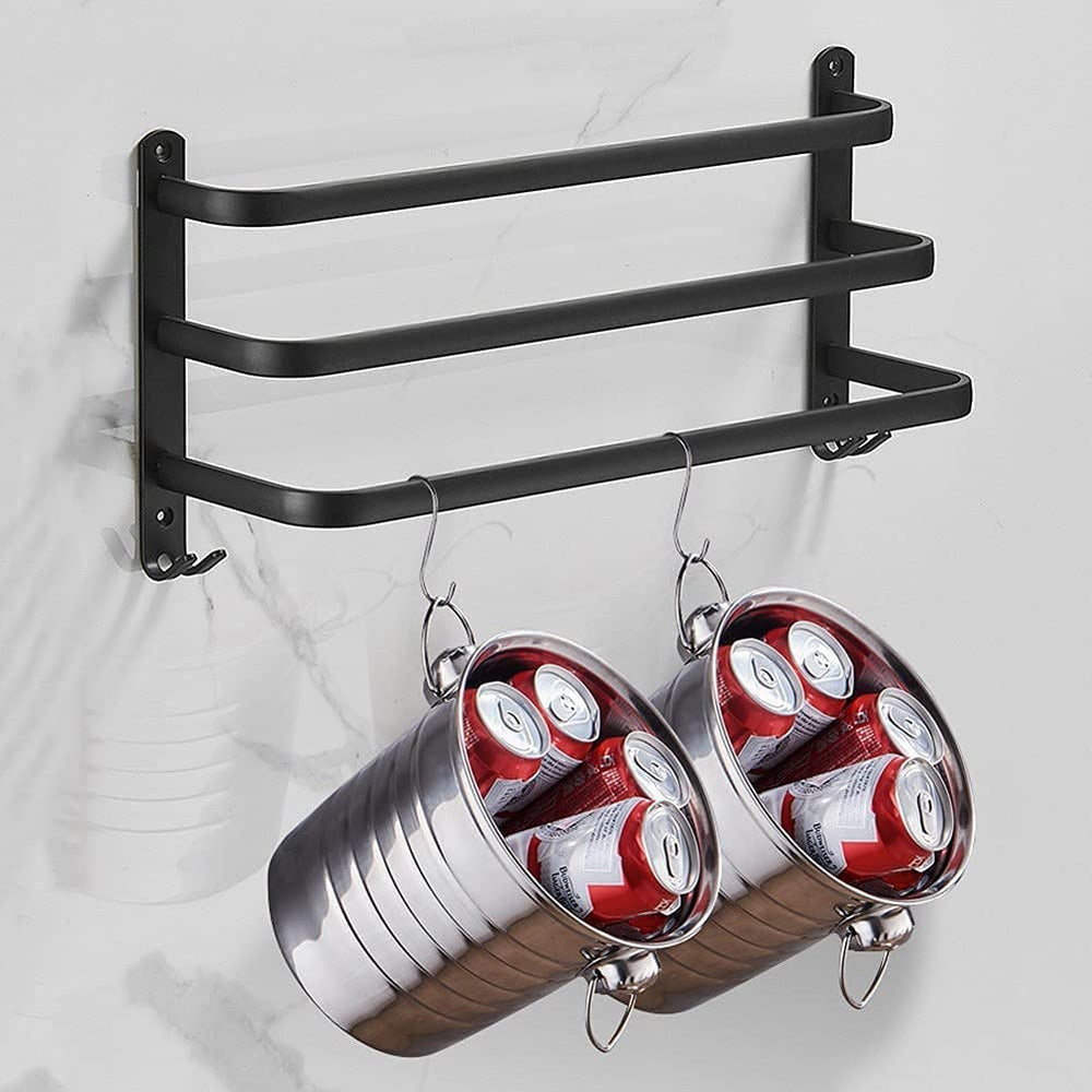 "Eleganter schwarzer Handtuchhalter mit Haken und breiten Stangen, matt Oberfläche, passend für modernes Badezimmerdesign."