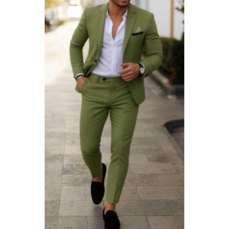 "Eleganter Sommer Herrenanzug: leichter Blazer & Hose, ideal für Hochzeiten, stilvoll in modischen Farben mit Taschen."