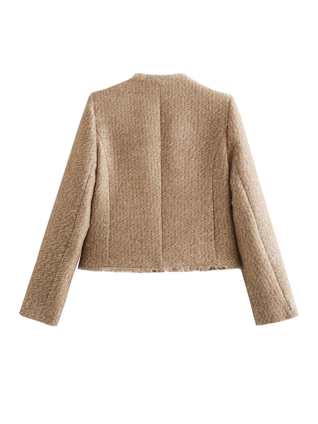 "Eleganter Tweed-Blazer für Damen, Vorderansicht, klassische Struktur, taillierter Schnitt, vielseitig, zeitgemäßes Design."