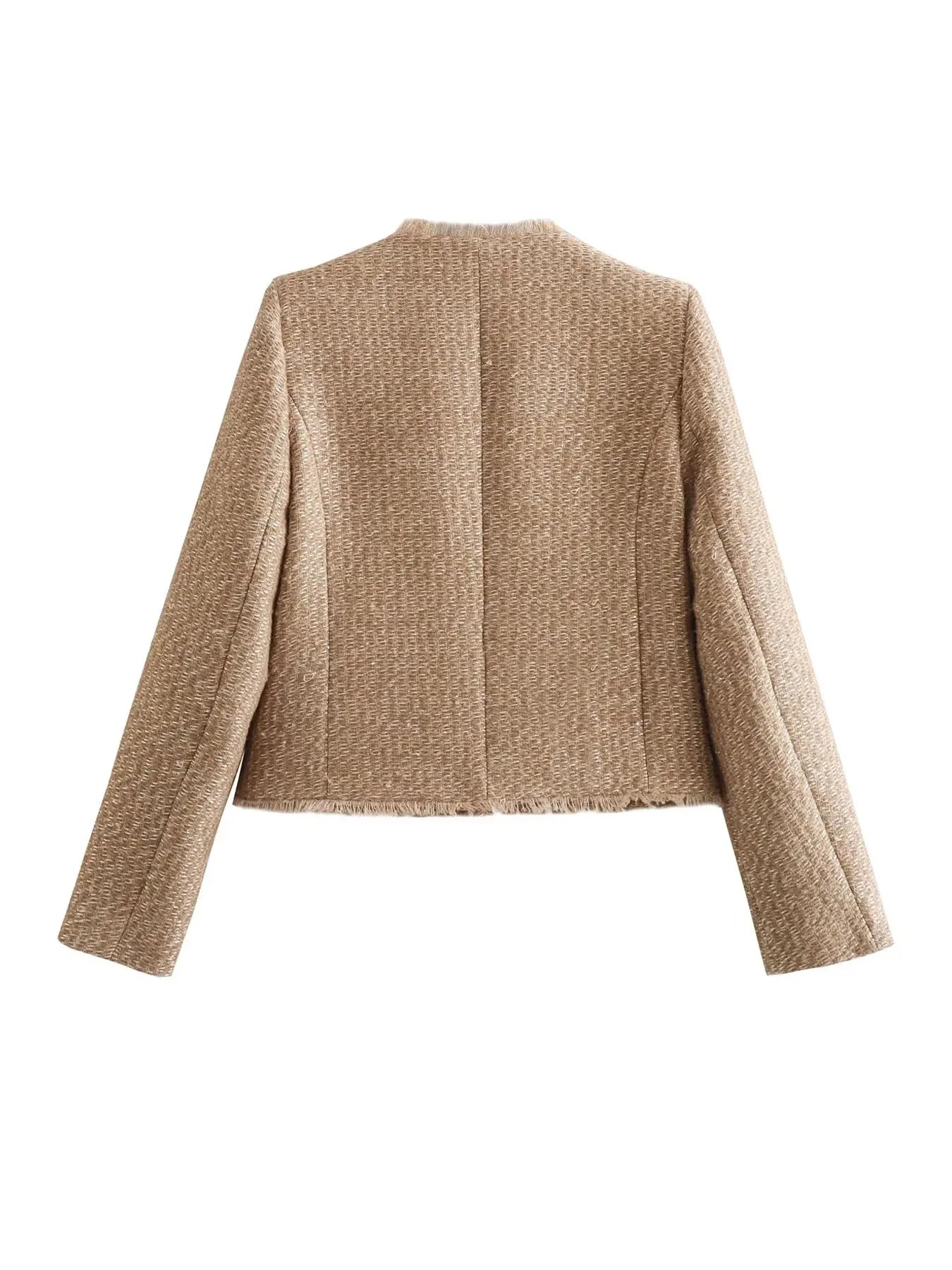 "Eleganter Tweed-Blazer für Damen, Vorderansicht, klassische Struktur, taillierter Schnitt, vielseitig, zeitgemäßes Design."