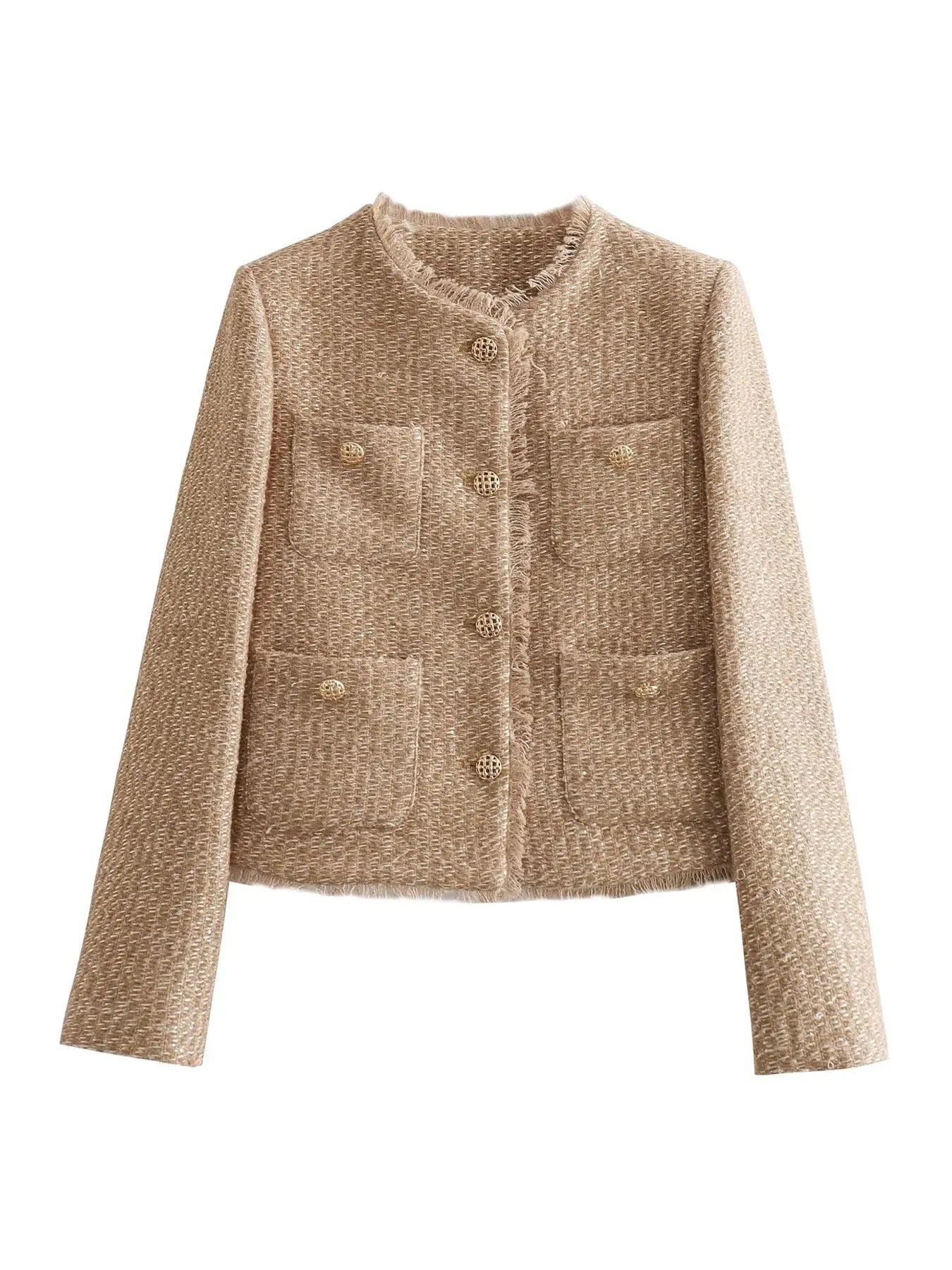 "Eleganter Tweed-Blazer für Damen, Vorderansicht, klassische Struktur, taillierter Schnitt, vielseitig, zeitgemäßes Design."