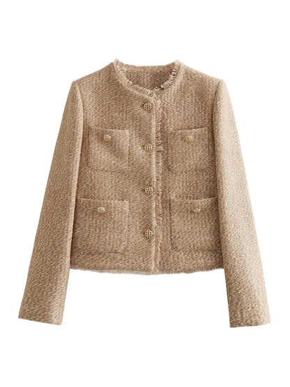 "Eleganter Tweed-Blazer für Damen, Vorderansicht, klassische Struktur, taillierter Schnitt, vielseitig, zeitgemäßes Design."