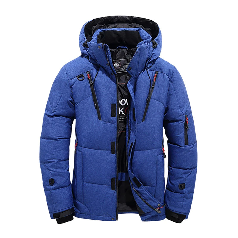 "Eleganter, wasserabweisender Wintermantel für Herren in Blau mit hervorragender Isolierung und zeitlosem Design."