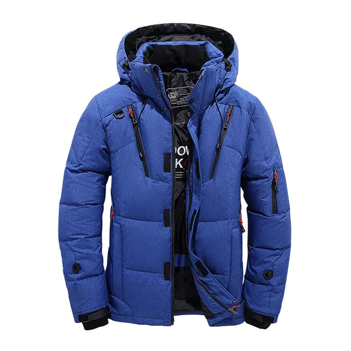 "Eleganter, wasserabweisender Wintermantel für Herren in Blau mit hervorragender Isolierung und zeitlosem Design."
