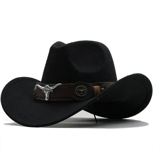 "Eleganter Western Filzhut mit Stier-Schnallenband, robust und stilvoll in Schwarz für Damen, perfektes Accessoire."