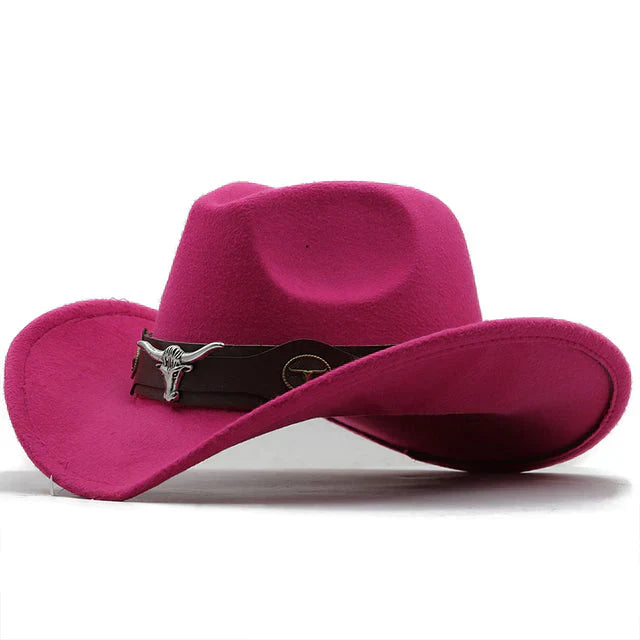 "Eleganter Western Filzhut mit Stier-Schnallenband, robust und stilvoll in Schwarz für Damen, perfektes Accessoire."