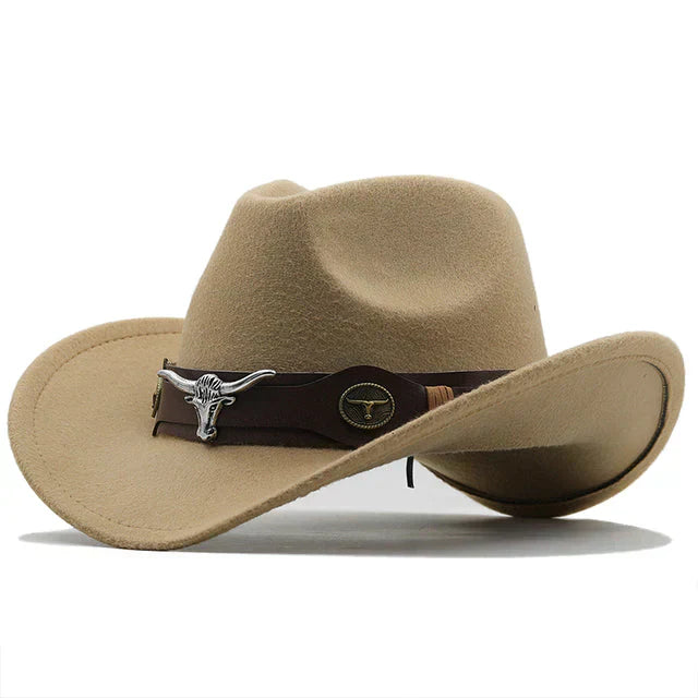 "Eleganter Western Filzhut mit Stier-Schnallenband, robust und stilvoll in Schwarz für Damen, perfektes Accessoire."