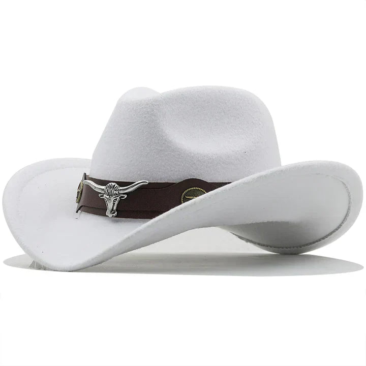 "Eleganter Western Filzhut mit Stier-Schnallenband, robust und stilvoll in Schwarz für Damen, perfektes Accessoire."