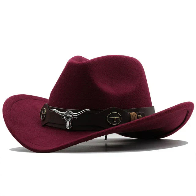 "Eleganter Western Filzhut mit Stier-Schnallenband, robust und stilvoll in Schwarz für Damen, perfektes Accessoire."
