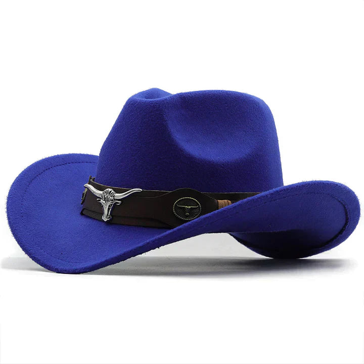 "Eleganter Western Filzhut mit Stier-Schnallenband, robust und stilvoll in Schwarz für Damen, perfektes Accessoire."