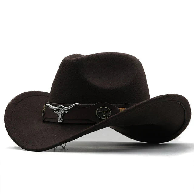 "Eleganter Western Filzhut mit Stier-Schnallenband, robust und stilvoll in Schwarz für Damen, perfektes Accessoire."