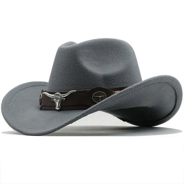 "Eleganter Western Filzhut mit Stier-Schnallenband, robust und stilvoll in Schwarz für Damen, perfektes Accessoire."