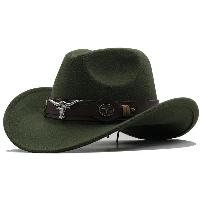 "Eleganter Western Filzhut mit Stier-Schnallenband, robust und stilvoll in Schwarz für Damen, perfektes Accessoire."