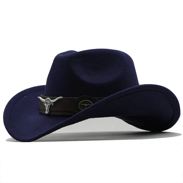 "Eleganter Western Filzhut mit Stier-Schnallenband, robust und stilvoll in Schwarz für Damen, perfektes Accessoire."
