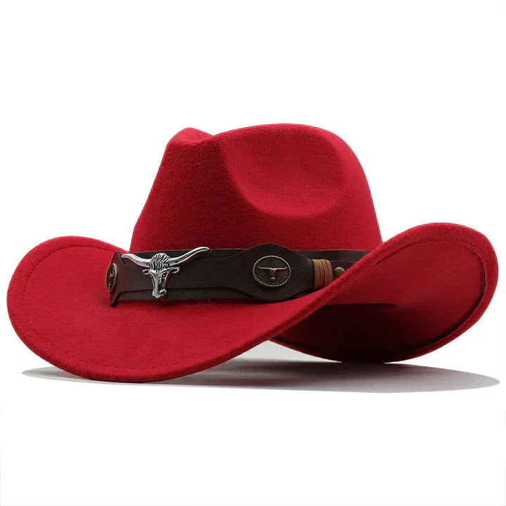 "Eleganter Western Filzhut mit Stier-Schnallenband, robust und stilvoll in Schwarz für Damen, perfektes Accessoire."