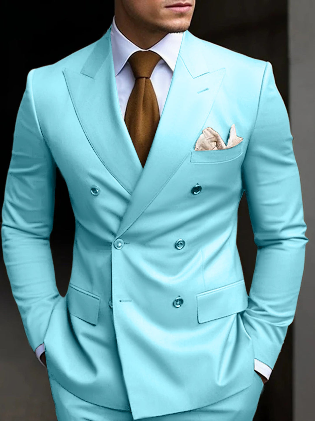 "Eleganter zweireihiger Herrenanzug in Marineblau, ideal für Hochzeitsgäste, mit hochwertigem Stoff und klassischem Look."