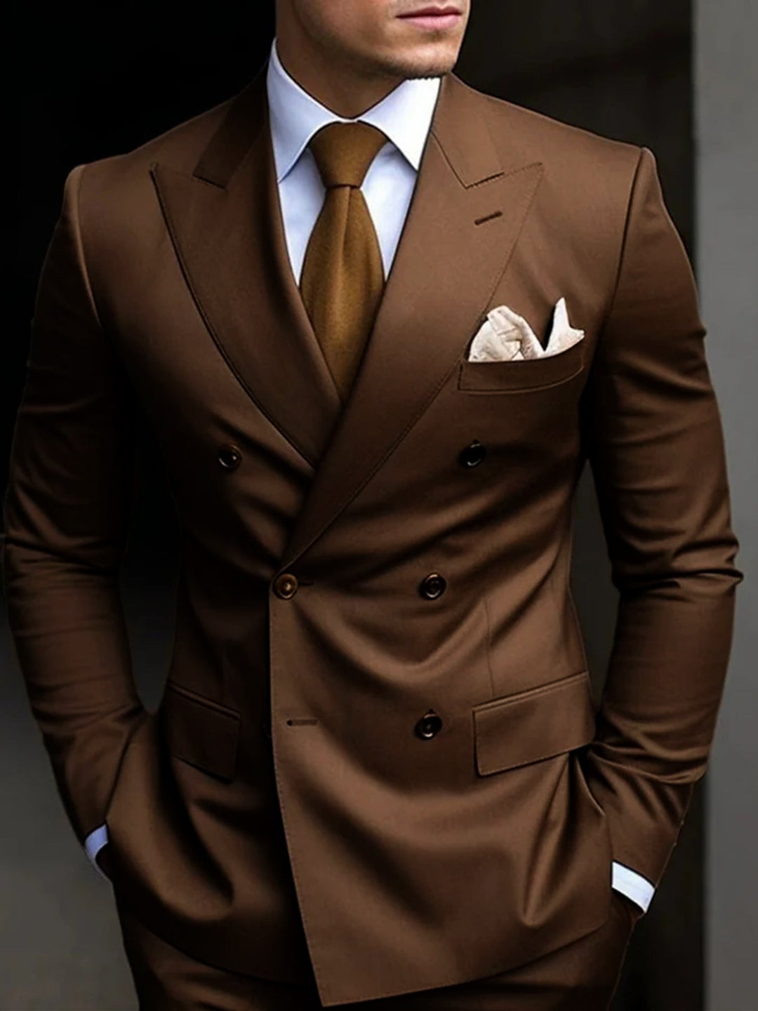 "Eleganter zweireihiger Herrenanzug in Marineblau, ideal für Hochzeitsgäste, mit hochwertigem Stoff und klassischem Look."