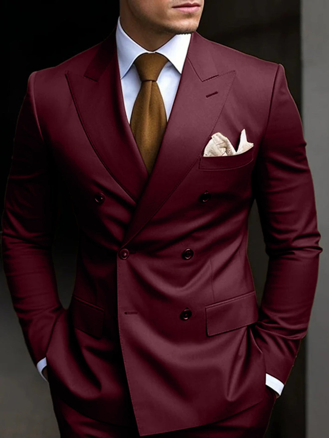 "Eleganter zweireihiger Herrenanzug in Marineblau, ideal für Hochzeitsgäste, mit hochwertigem Stoff und klassischem Look."