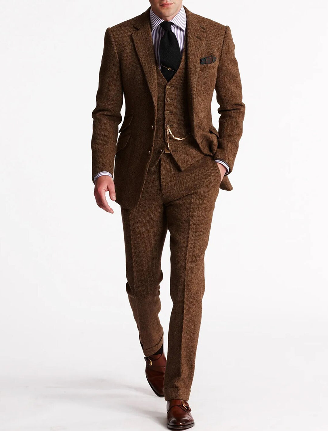"Elegantes 3-teiliges Herren Anzug Set in Dunkelblau für Hochzeiten, bestehend aus Sakko, Weste und Hose."