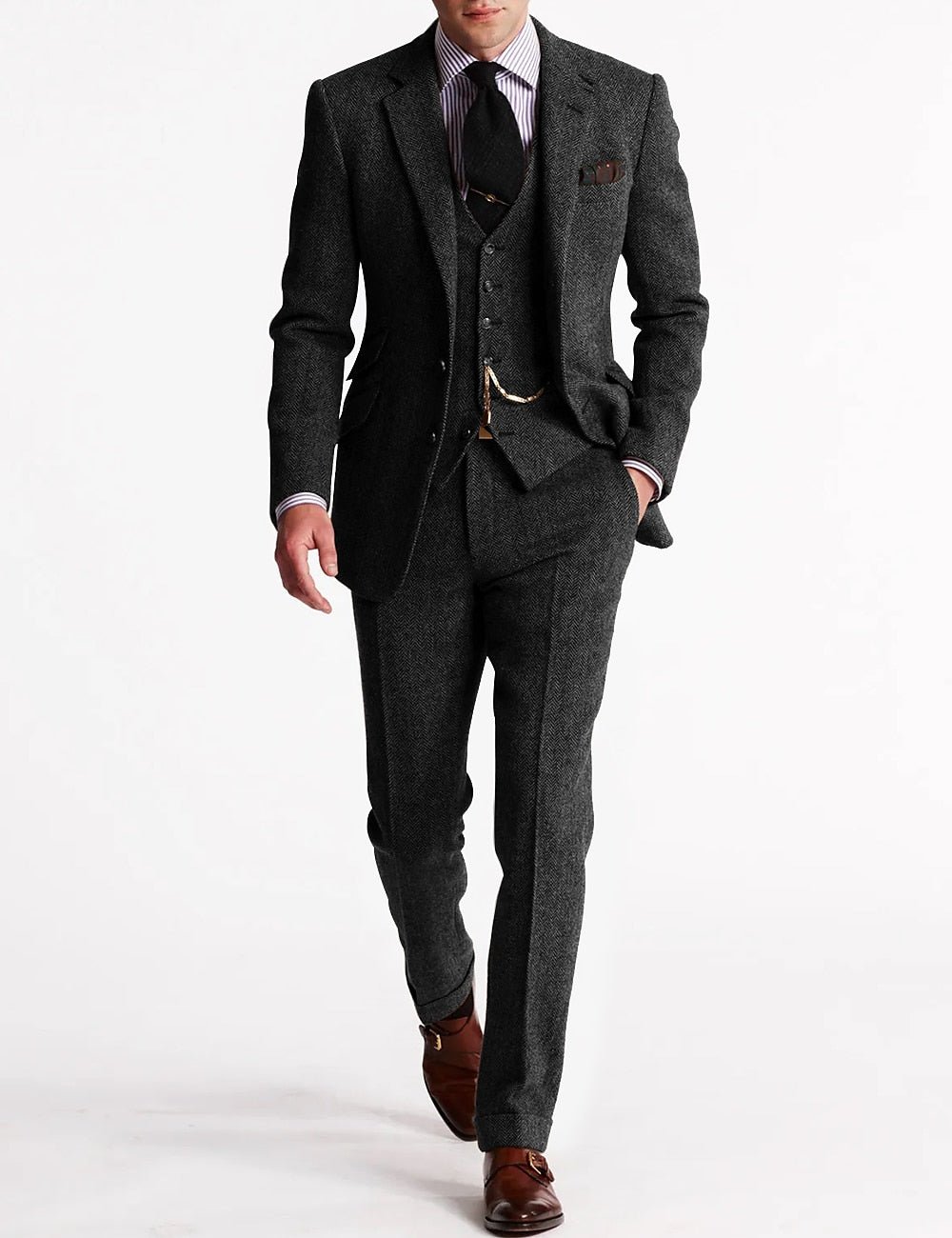 "Elegantes 3-teiliges Herren Anzug Set in Dunkelblau für Hochzeiten, bestehend aus Sakko, Weste und Hose."